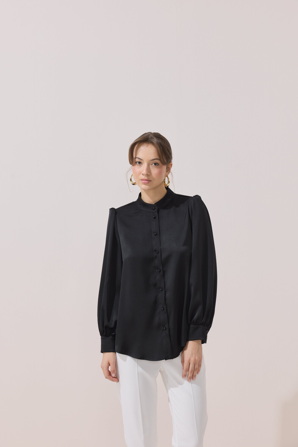 FULARLI SATEN BLUZ SİYAH - 7
